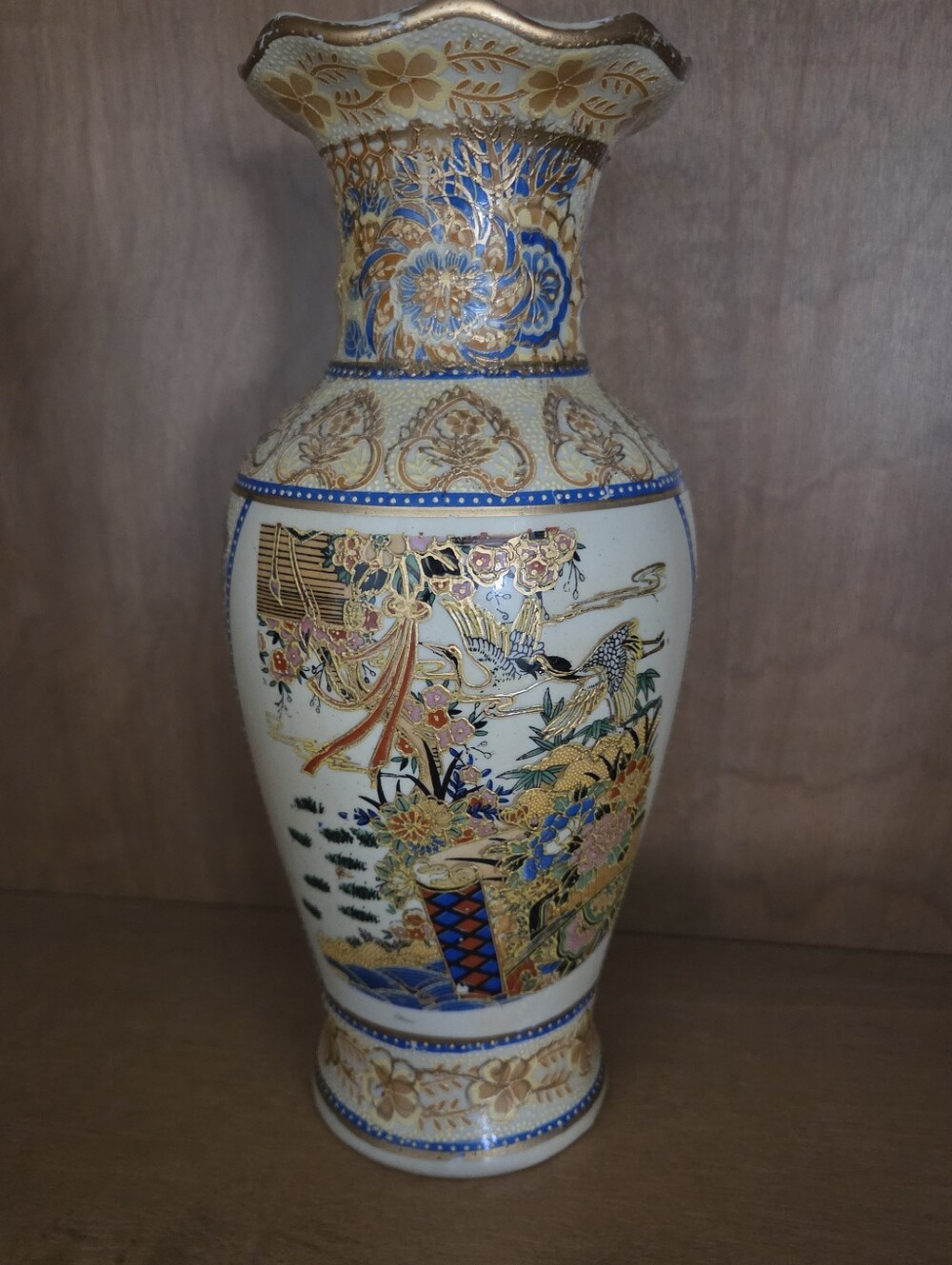 Hand-Painted Ceramic Vase in Cream, Blue & Gold